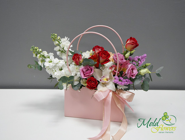 Small bag with white stock, roses, and eustoma photo